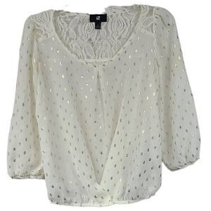 Ivory Lace & Gold Foil Chiffon Peasant Blouson Top Popover Blouse Festive Party